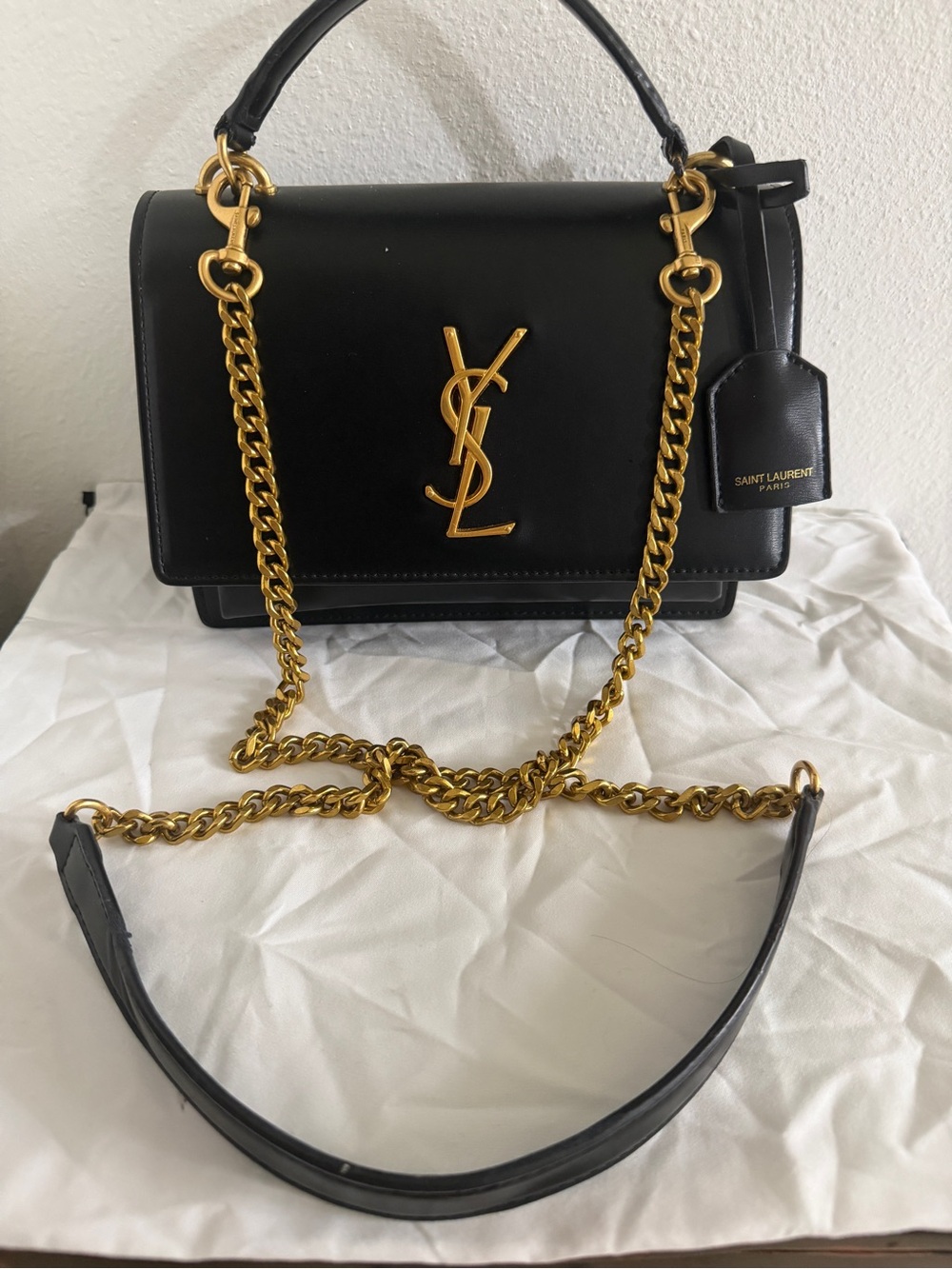 Black Leather Satchel with Gold Chain and logo